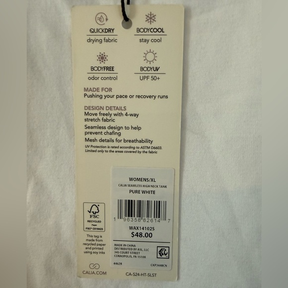 CALIA White Seamless High Neck Tank XL NWT Athletic Workout Top UPF 50 - Picture 2 of 3